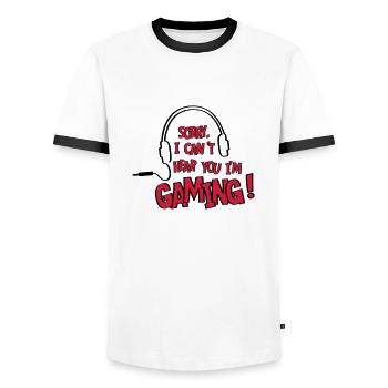 Can't hear you, I'm gaming! online. - Men's Ringer Shirt - white/black - Front - AI Model Female 172 light (172cm) & AI Model Male 178 dark (178cm)