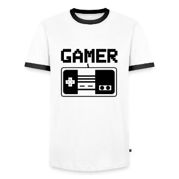 Gamer 2 - Men's Ringer Shirt - white/black - Front - AI Model Female 172 light (172cm) & AI Model Male 178 dark (178cm)