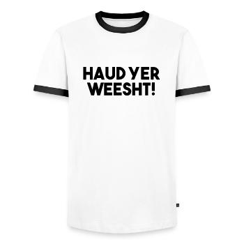 Haud Yer Weesht! - Lustiges schottisches Slang-Zitat - Männer Kontrast-T-Shirt - Weiß/Schwarz - Vorne - AI Model Female 172 light (172cm) & AI Model Male 178 dark (178cm)