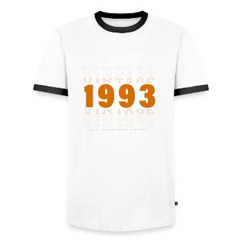 1993: Vintage - 31st Anniversary - Men's Ringer Shirt - white/black - Front - AI Model Female 172 light (172cm) & AI Model Male 178 dark (178cm)