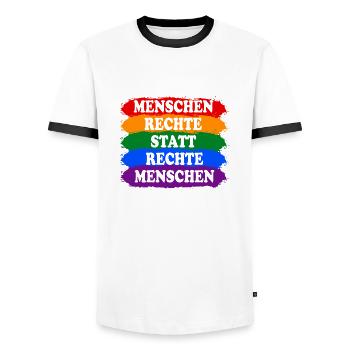 Menschenrechte statt rechte Menschen Regenbogen - Männer Kontrast-T-Shirt - Weiß/Schwarz - Vorne - AI Model Female 172 light (172cm) & AI Model Male 178 dark (178cm)