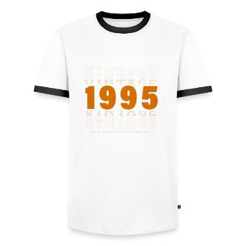 1995: Vintage - 29th Anniversary - Men's Ringer Shirt - white/black - Front - AI Model Female 172 light (172cm) & AI Model Male 178 dark (178cm)