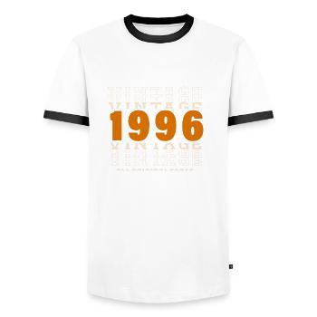 1996: Vintage - 28th Anniversary - Men's Ringer Shirt - white/black - Front - AI Model Female 172 light (172cm) & AI Model Male 178 dark (178cm)