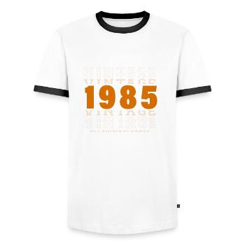 1985: Vintage - 39th Anniversary - Men's Ringer Shirt - white/black - Front - AI Model Female 172 light (172cm) & AI Model Male 178 dark (178cm)