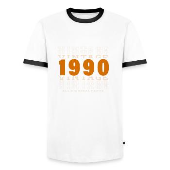1990: Vintage - 34th Anniversary - Men's Ringer Shirt - white/black - Front - AI Model Female 172 light (172cm) & AI Model Male 178 dark (178cm)