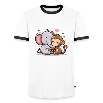Cuddling Elephant And Monkey In Love - Men's Ringer Shirt - white/black - Front - AI Model Female 172 light (172cm) & AI Model Male 178 dark (178cm)