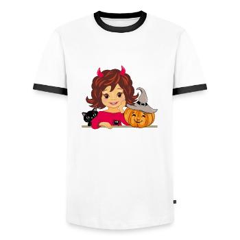 Jolie fille souriante avec chat et citrouille d’Halloween - T-shirt contrasté Homme - blanc/noir - Devant - AI Model Female 172 light (172cm) & AI Model Male 178 dark (178cm)
