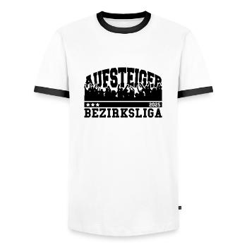 Aufsteiger 2025 Bezirksliga Aufstieg Fußball - Männer Kontrast-T-Shirt - Weiß/Schwarz - Vorne - AI Model Female 172 light (172cm) & AI Model Male 178 dark (178cm)