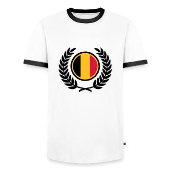 Belgien (Flagge & Lorbeerkranz) - Männer Kontrast-T-Shirt - Weiß/Schwarz - Vorne - AI Model Female 172 light (172cm) & AI Model Male 178 dark (178cm)