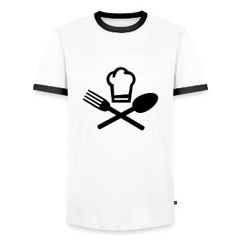 koch_logo_f1 - Men's Ringer Shirt - white/black - Front - AI Model Female 172 light (172cm) & AI Model Male 178 dark (178cm)