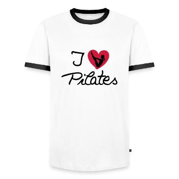 I love Pilates (3) - Men's Ringer Shirt - white/black - Front - AI Model Female 172 light (172cm) & AI Model Male 178 dark (178cm)