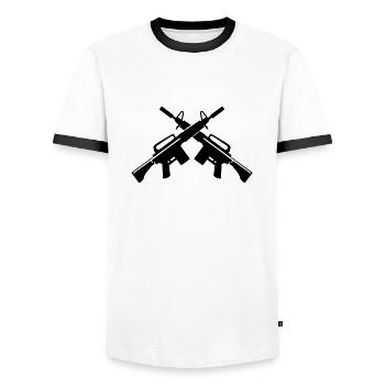 waffen_01 - Men's Ringer Shirt - white/black - Front - AI Model Female 172 light (172cm) & AI Model Male 178 dark (178cm)