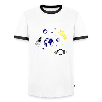 universe - Men's Ringer Shirt - white/black - Front - AI Model Female 172 light (172cm) & AI Model Male 178 dark (178cm)