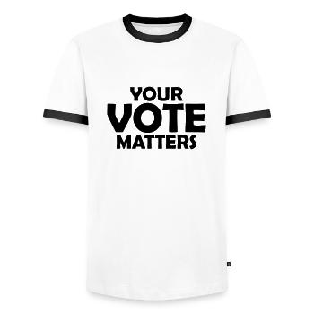 your vote matters quote - Men's Ringer Shirt - white/black - Front - AI Model Female 172 light (172cm) & AI Model Male 178 dark (178cm)