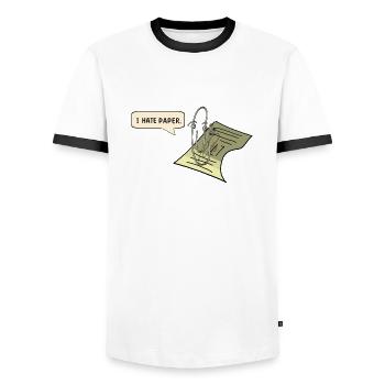 Office - Men's Ringer Shirt - white/black - Front - AI Model Female 172 light (172cm) & AI Model Male 178 dark (178cm)
