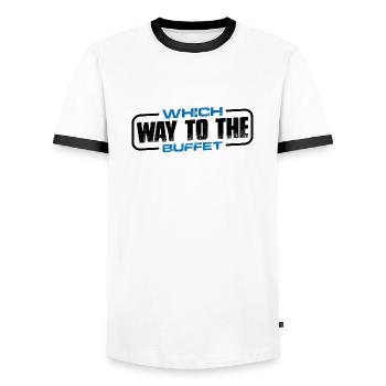 Which Way To The Buffet 17 - Männer Kontrast-T-Shirt - Weiß/Schwarz - Vorne - AI Model Female 172 light (172cm) & AI Model Male 178 dark (178cm)