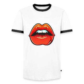 Taquiner les lèvres rouges rouges - T-shirt contrasté Homme - blanc/noir - Devant - AI Model Female 172 light (172cm) & AI Model Male 178 dark (178cm)