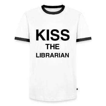 KISS THE LIBRARIAN - Men's Ringer Shirt - white/black - Front - AI Model Female 172 light (172cm) & AI Model Male 178 dark (178cm)
