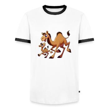 Mère chameau avec enfant gambadant - T-shirt contrasté Homme - blanc/noir - Devant - AI Model Female 172 light (172cm) & AI Model Male 178 dark (178cm)