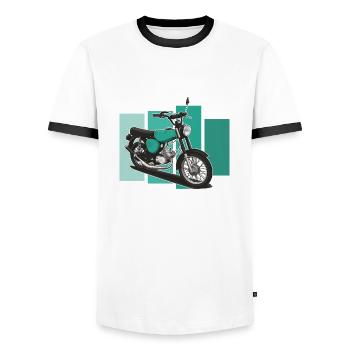 S51 (turquoise) // Illustration - Men's Ringer Shirt - white/black - Front - AI Model Female 172 light (172cm) & AI Model Male 178 dark (178cm)