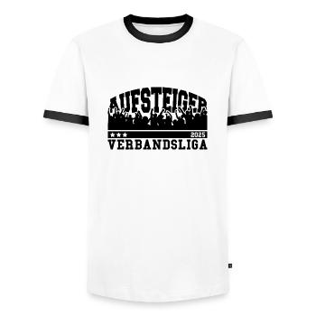 Aufsteiger 2025 Verbandsliga Aufstieg Fußball - Männer Kontrast-T-Shirt - Weiß/Schwarz - Vorne - AI Model Female 172 light (172cm) & AI Model Male 178 dark (178cm)
