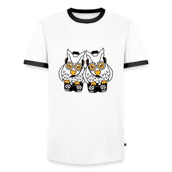 2 Gamer Owls Play Team Friends Two Player Duo - Men's Ringer Shirt - white/black - Front - AI Model Female 172 light (172cm) & AI Model Male 178 dark (178cm)