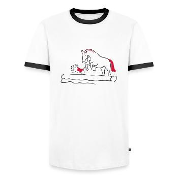 Springpferd mit Hund - Männer Kontrast-T-Shirt - Weiß/Schwarz - Vorne - AI Model Female 172 light (172cm) & AI Model Male 178 dark (178cm)