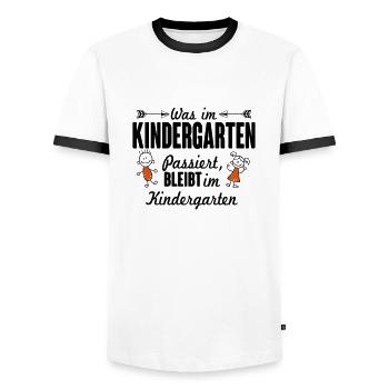 Was im Kindergarten passiert bleibt dort - Männer Kontrast-T-Shirt - Weiß/Schwarz - Vorne - AI Model Female 172 light (172cm) & AI Model Male 178 dark (178cm)