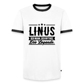 Man Myth Legend Linus - Men's Ringer Shirt - white/black - Front - AI Model Female 172 light (172cm) & AI Model Male 178 dark (178cm)