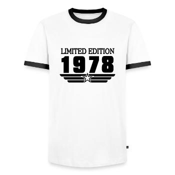 1978 - Männer Kontrast-T-Shirt - Weiß/Schwarz - Vorne - AI Model Female 172 light (172cm) & AI Model Male 178 dark (178cm)