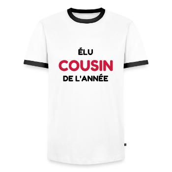 Cousin - Cousine - Famille - Bébé - Naissance - T-shirt contrasté Homme - blanc/noir - Devant - AI Model Female 172 light (172cm) & AI Model Male 178 dark (178cm)