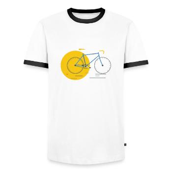 Un vélo de course rapide en jaune-bleu, rétro, vintage - T-shirt contrasté Homme - blanc/noir - Devant - AI Model Female 172 light (172cm) & AI Model Male 178 dark (178cm)