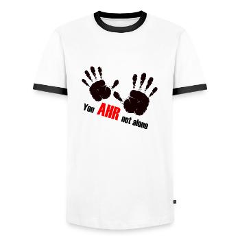 We AHR together | Ahrtal Hochwasser SolidAHRität - Männer Kontrast-T-Shirt - Weiß/Schwarz - Vorne - AI Model Female 172 light (172cm) & AI Model Male 178 dark (178cm)