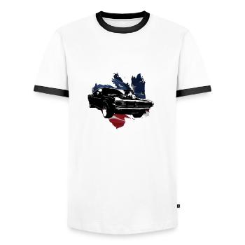 American Muscle Car - Men's Ringer Shirt - white/black - Front - AI Model Female 172 light (172cm) & AI Model Male 178 dark (178cm)