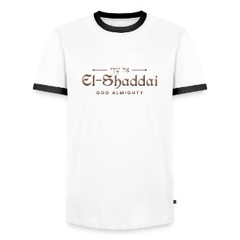 El Shaddai - God Almighty - Christian Clothing - Men's Ringer Shirt - white/black - Front - AI Model Female 172 light (172cm) & AI Model Male 178 dark (178cm)
