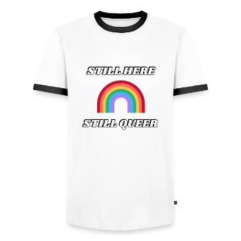 STILL HERE STILL QUEER - Men's Ringer Shirt - white/black - Front - AI Model Female 172 light (172cm) & AI Model Male 178 dark (178cm)