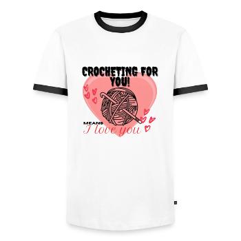 Crocheting for you! means I Iove you red heart - Men's Ringer Shirt - white/black - Front - AI Model Female 172 light (172cm) & AI Model Male 178 dark (178cm)