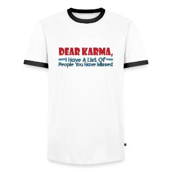 Dear Karma, I have a list of people 4 - Men's Ringer Shirt - white/black - Front - AI Model Female 172 light (172cm) & AI Model Male 178 dark (178cm)