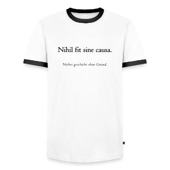Nihil fit sine caus. - Nichts geschieht ohne Grund - Männer Kontrast-T-Shirt - Weiß/Schwarz - Vorne - AI Model Female 172 light (172cm) & AI Model Male 178 dark (178cm)