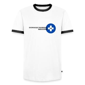 Entwicklungshilfe Bielefeld - Männer Kontrast-T-Shirt - Weiß/Schwarz - Vorne - AI Model Female 172 light (172cm) & AI Model Male 178 dark (178cm)