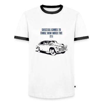 Success through Dedication and Hard Work - Men's Ringer Shirt - white/black - Front - AI Model Female 172 light (172cm) & AI Model Male 178 dark (178cm)
