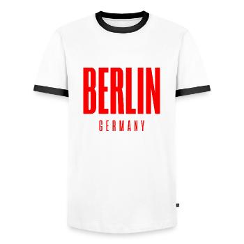 Berlin, Germany, English - Men's Ringer Shirt - white/black - Front - AI Model Female 172 light (172cm) & AI Model Male 178 dark (178cm)