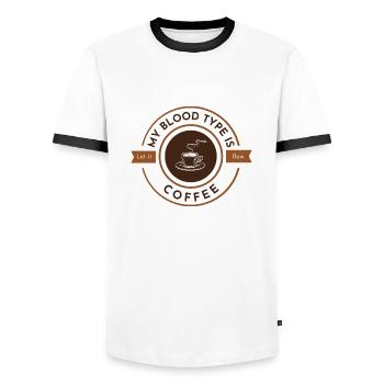 My blood type is coffee white - Men's Ringer Shirt - white/black - Front - AI Model Female 172 light (172cm) & AI Model Male 178 dark (178cm)