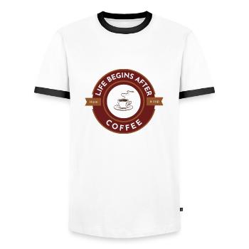 Das Leben beginnt nach dem Kaffee, trinken Sie eine Tasse - Männer Kontrast-T-Shirt - Weiß/Schwarz - Vorne - AI Model Female 172 light (172cm) & AI Model Male 178 dark (178cm)