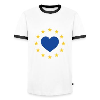 European Flag Stars, Blue Heart in the Middle - Men's Ringer Shirt - white/black - Front - AI Model Female 172 light (172cm) & AI Model Male 178 dark (178cm)