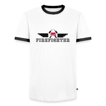 FIrefighter Logo mit Helm und Axt mit Wings - Männer Kontrast-T-Shirt - Weiß/Schwarz - Vorne - AI Model Female 172 light (172cm) & AI Model Male 178 dark (178cm)