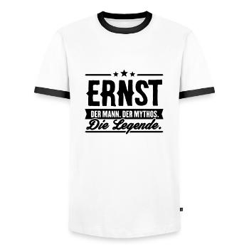 Man Myth Legend Ernst - Men's Ringer Shirt - white/black - Front - AI Model Female 172 light (172cm) & AI Model Male 178 dark (178cm)