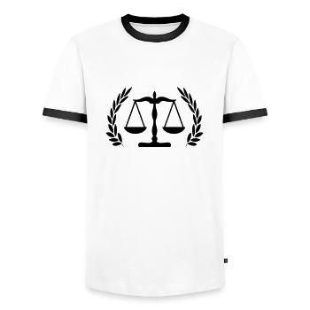 Justice Logo - Men's Ringer Shirt - white/black - Front - AI Model Female 172 light (172cm) & AI Model Male 178 dark (178cm)