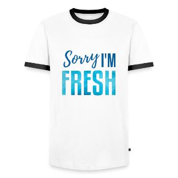 Sorry i'm fresh! blau - Männer Kontrast-T-Shirt - Weiß/Schwarz - Vorne - AI Model Female 172 light (172cm) & AI Model Male 178 dark (178cm)