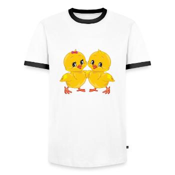 Deux poussins souriants mignons - T-shirt contrasté Homme - blanc/noir - Devant - AI Model Female 172 light (172cm) & AI Model Male 178 dark (178cm)